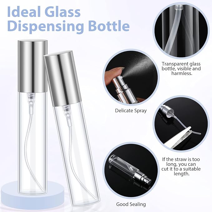 Yinder 25 Pcs 10ml Travel Spray Bottle Refillable Perfume Atomizer Bulk Glass Mini Cologne Perfume Bottles Empty Fine Mist Portable Small Sample Containers(Silver)