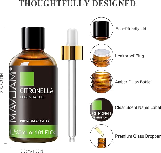 Citronella Essential Oil, MAYJAM 1.01FL.OZ Premium Citronella Oils for Soap Candle Making, Diffuser, Bedroom, Living Room, Office, 30ML/Bottle
