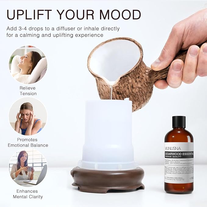 Cedarwood Essential Oil 100ML, 100% Pure Natural Cedarwood Oils Premium Grade Aromatherapy Oil for Hair Skin Care, Diffusers, Massage, Spray, Home, DIY Candle Soap Making
