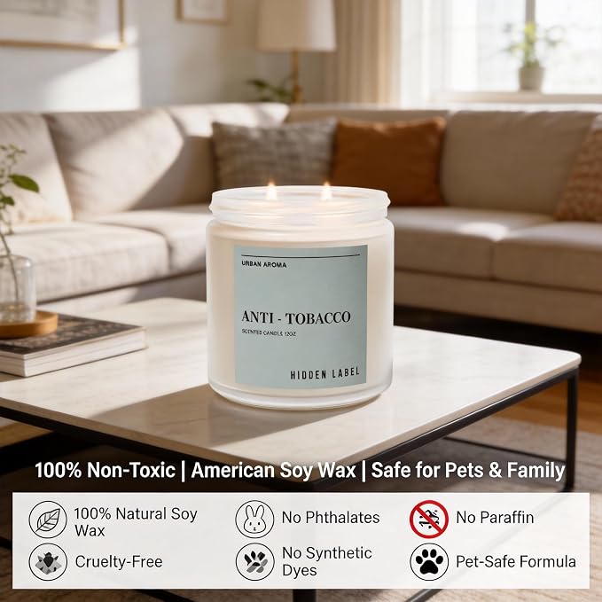 Hidden Label Anti Tobacco Soy Candle, 12oz 2-Wick, 70H Smoke Eliminator | Non-Toxic Natural Wax, Paraben & Phthalate-Free, Clean Burn | Powerful Odor Neutralizer | Masculine Decor & Gift-Ready