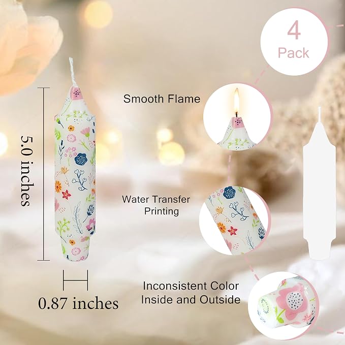 5 inch Short Candle Floral Candle Sticks Kawaii Printed Candlestick Handmade Unscented Taper Candle 4 Pack Cute Flower Tapered Candles for Birthday Home Dinner Wedding Holiday