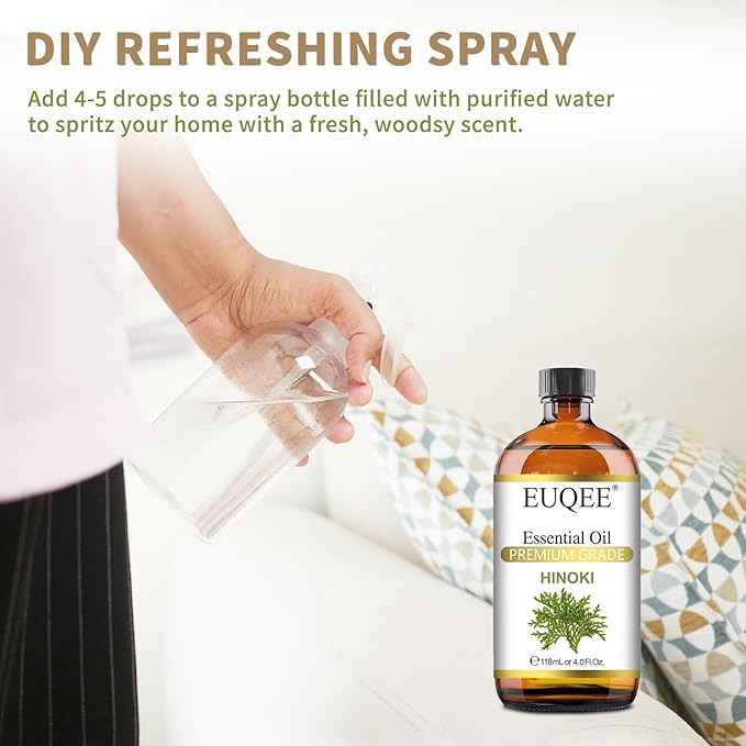 EUQEE Hinoki Essential Oil 118ml/4Fl Oz, Japanese Hinoki Oil Premium Natural Wood Scent Aromatherapy Oil with Glass Dropper for Meditation, Skincare, Diffuser, DIY Soap, Home Spa