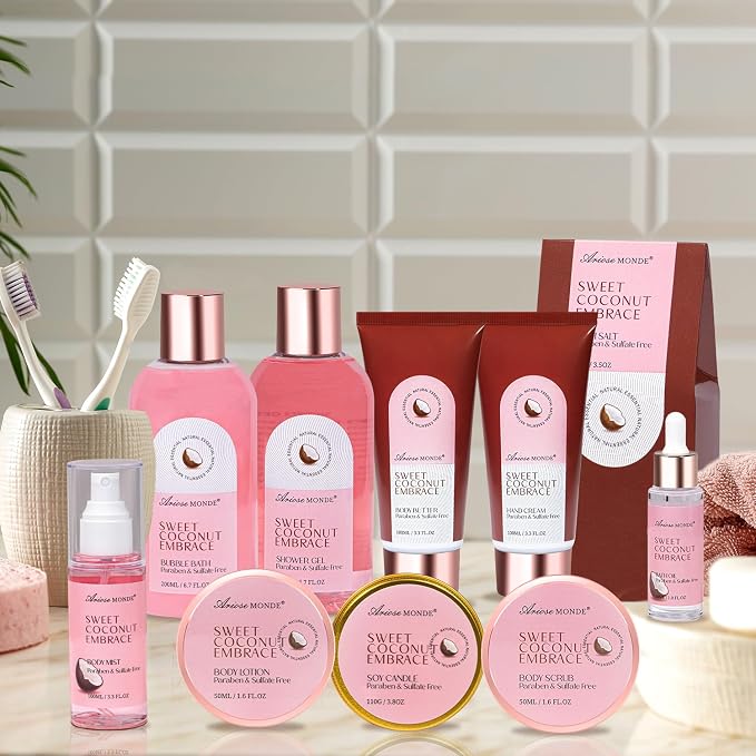 Mother‘s Day Gift Baskets for Women, Spa Gifts for Women, 17pcs Coconut Spa Gift Set with Body Lotion, Bubble Bath, Relaxing Bath Set, Birthday Christmas Gifts for Her, Mom, Wife, Sister