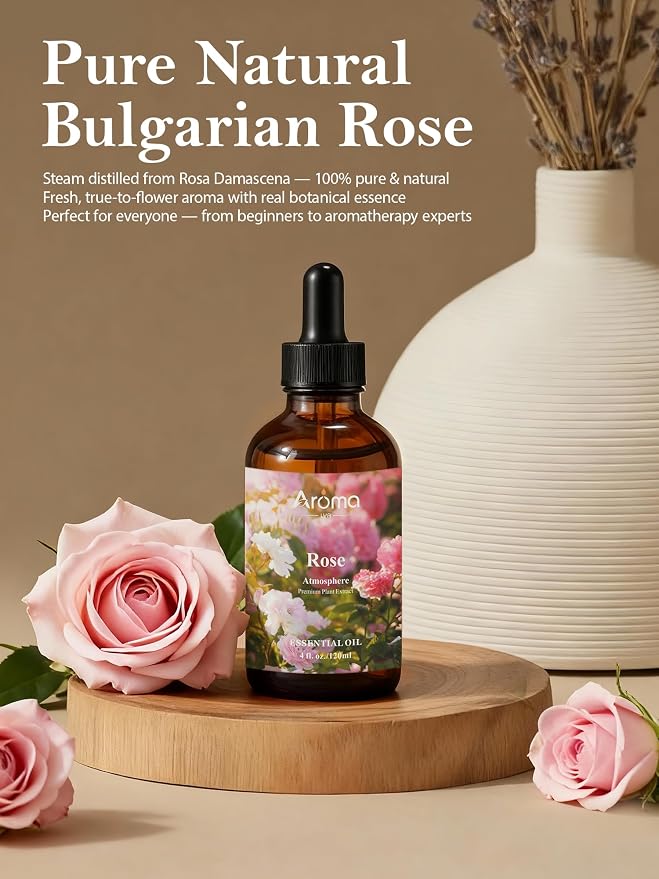 Rose Essential Oil in Premium Gift Box - Essential Oils for Home Diffusers - Perfect Self-Care & Spa Gift for Women 4 Fl Oz =