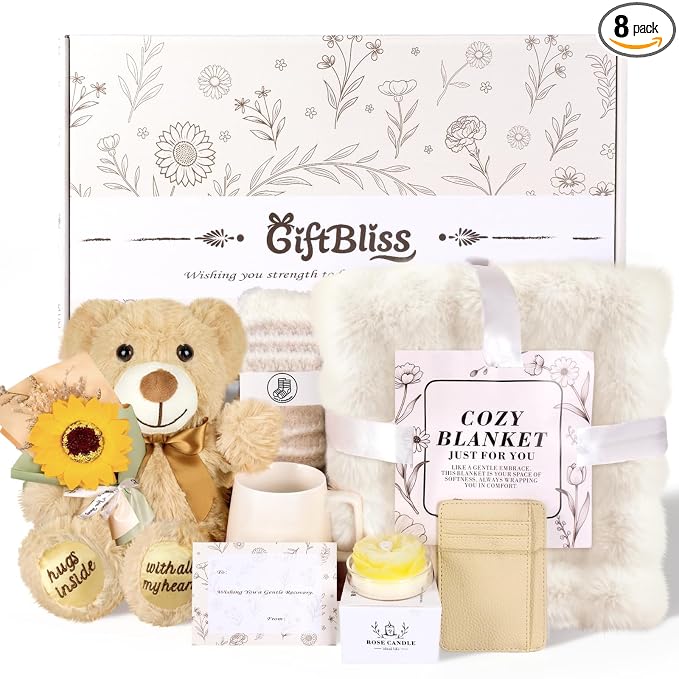Get Well Soon Gift Basket for Women, Chemo Care Package for Women After Surgery, Thinking of You Sympathy Gift Basket, Spa Gift Set for Her, Hug in a Box with Blanket, Mug, Teddy Bear, Aromatherapy