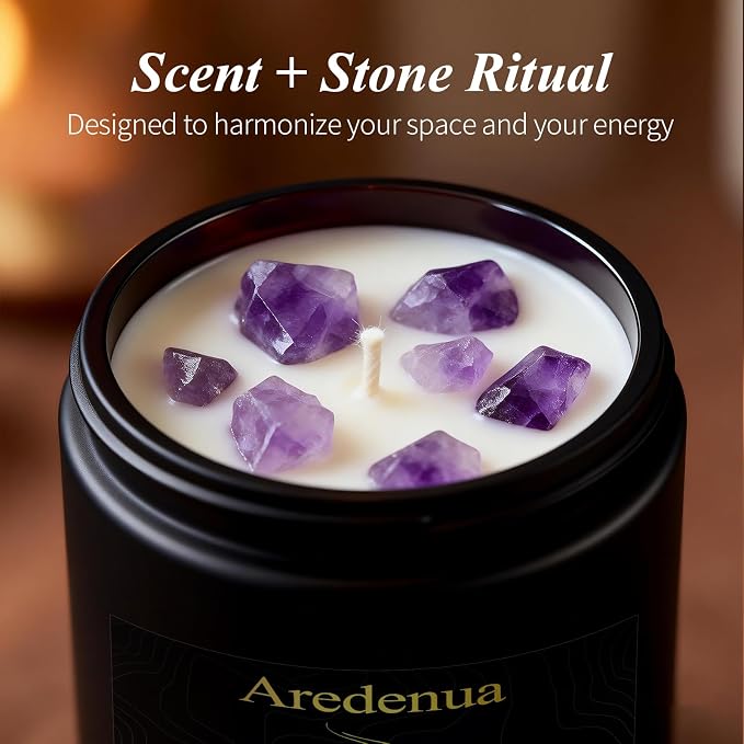 Candle for Meditation and Spiritual Practice - Sandalwood Aromatherapy Candle with Amethyst Healing Crystal, Natural Soy Wax Scented Candle for Yoga Mindfulness, 7oz Long Lasting, Zen Gift