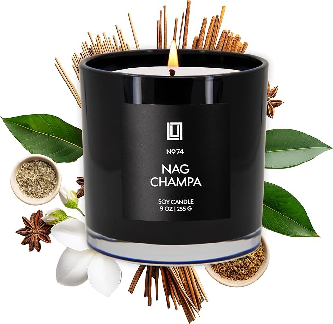 Lulu Candles | Nag Champa - Indian Incense | Highly Scented Premium Candles in Giftable Box for Home and Office | Vegan Soy Blend Jar Candle with 100% Cotton Wick | Slow Burning & Long Lasting (9 Oz.)