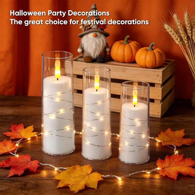 Raycare Flameless Candle with Remote Timer, 3 Flickering Acrylic Battery Operated LED Pillar Candles with Embedded Star String for Home Decor, Christmas, Wedding, Home Table Decor(White)