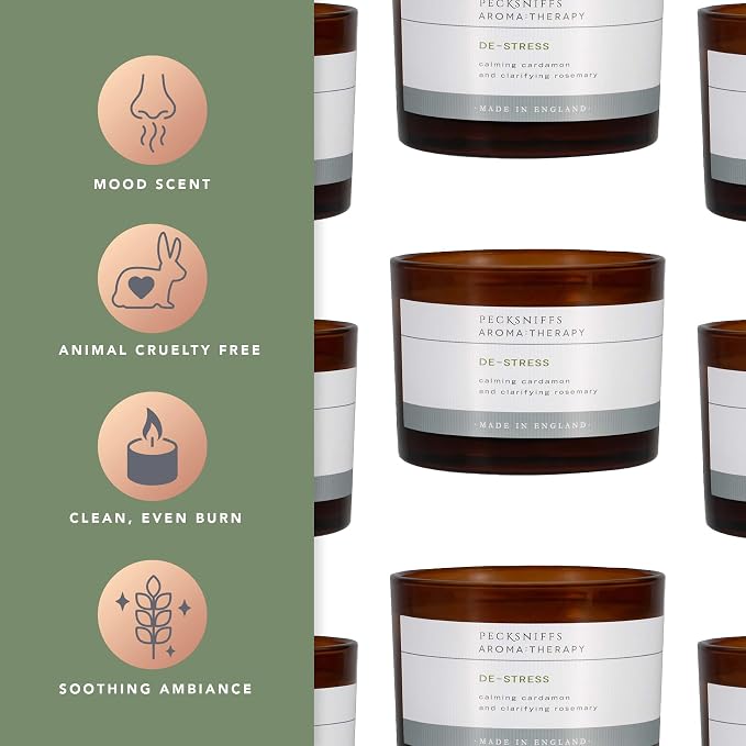 Pecksniff's Aromatherapy De-Stress Candle, 3-Wick, Cardamon & Rosemary, Premium Wax, 285g/10oz, Spicy Pine Scent, Eco-Friendly, Long-Lasting for Relaxation