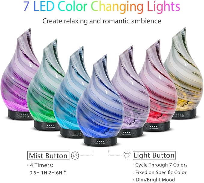 Aromatherapy Essential Oil Diffuser for Home- Art Glass Diffuser for Essential Oils with Waterless Auto Shut-Off 4 Timer 7 Colors LED Night Light for Home Office Decor Gifts for Women