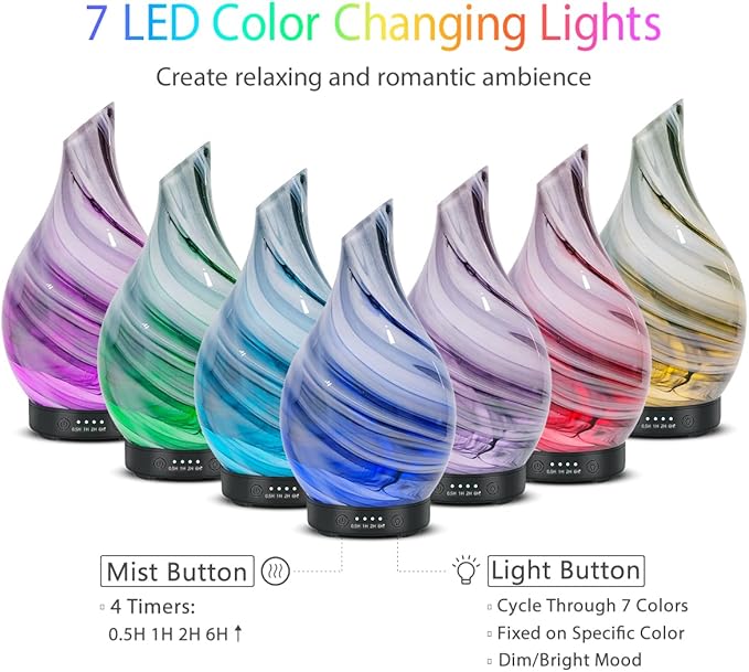Aromatherapy Essential Oil Diffuser for Home- Art Glass Diffuser for Essential Oils with Waterless Auto Shut-Off 4 Timer 7 Colors LED Night Light for Home Office Decor Gifts for Women