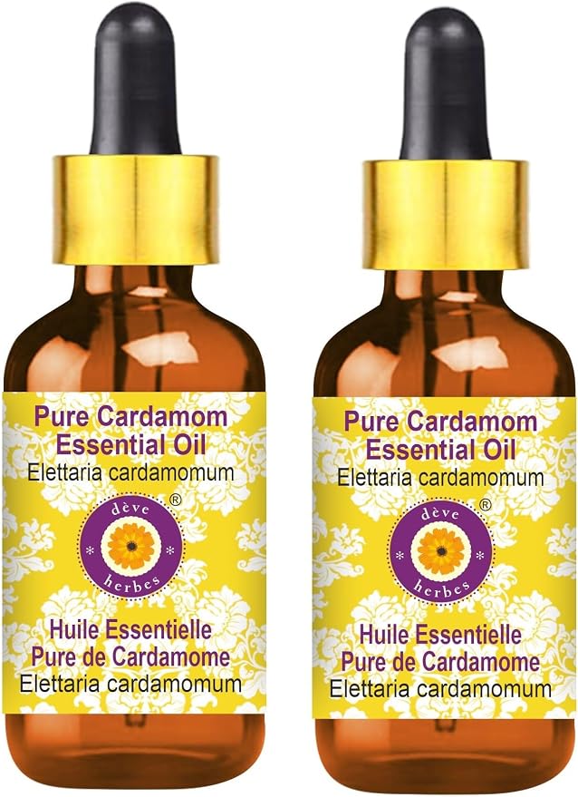 Deve Herbes Pure Cardamom Essential Oil (Elettaria cardamomum) with Glass Dropper Steam Distilled (Pack of Two) 100ml X 2 (6.76 oz)