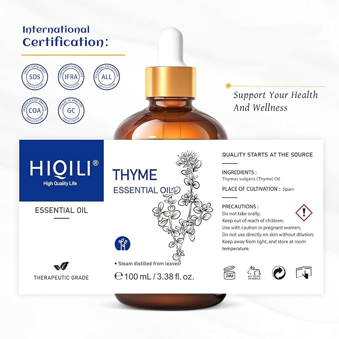 HIQILI 3.38 Fl Oz Thyme Essential Oil for Hair, Skin, Diffuser, Aromatherapy, Includes 10ML Travel Bottle - 100ML