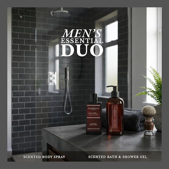 Pecksniff’s Men’s Body Duo Set – Leather & Oakmoss Scented Bath & Shower Gel 250ml & Body Spray 100ml – Luxury Grooming Gift Set for Him