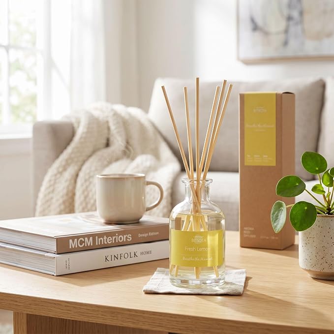 Natural Reed Diffuser Set, Fresh Lemon 3.52 oz (100ml) Scented Diffuser with Sticks Home Fragrance Reed Diffuser for Bathroom Shelf Decor, Ideal Gift for Woman