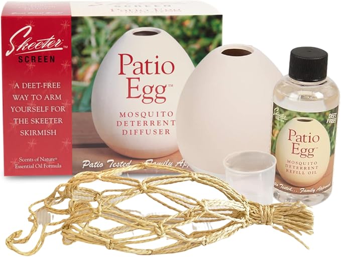 Skeeter Screen Patio Egg Diffuser – Decorative Essential Oil Set with 3-Month Supply – No Flame or Power – Includes Beaker & Netting – Patios, Garages, Stables – Covers Up to 300 Sq Ft