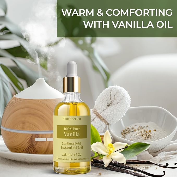 Vanilla Essential Oil for Diffuser 4oz - 100% Natural & Organic - Infused with Olive & Sunflower Oils - Perfect Vanilla Oil for Skin, Body, Candle Making, Soap Making, & Aromatherapy