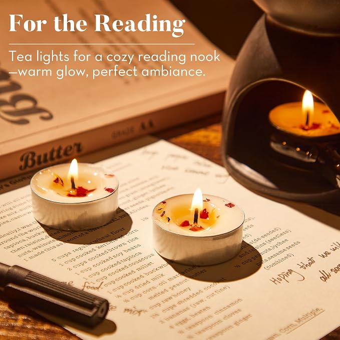 16 Pack Rose Tealight Candles, Petals-Infused with Real Rose Petals, Natural Soy Wax 4-Hour Clean Burn, Smokeless for Relaxation, Wedding & Home Decor