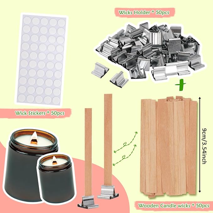 150pcs Wood Wicks for Candles Making,50pcs Wooden Candle Wicks,50pcs Wick Stickers,for Soy Wax, Beeswax, Coconut Wax - DIY Candle Making Supplies for Beginners & Professionals