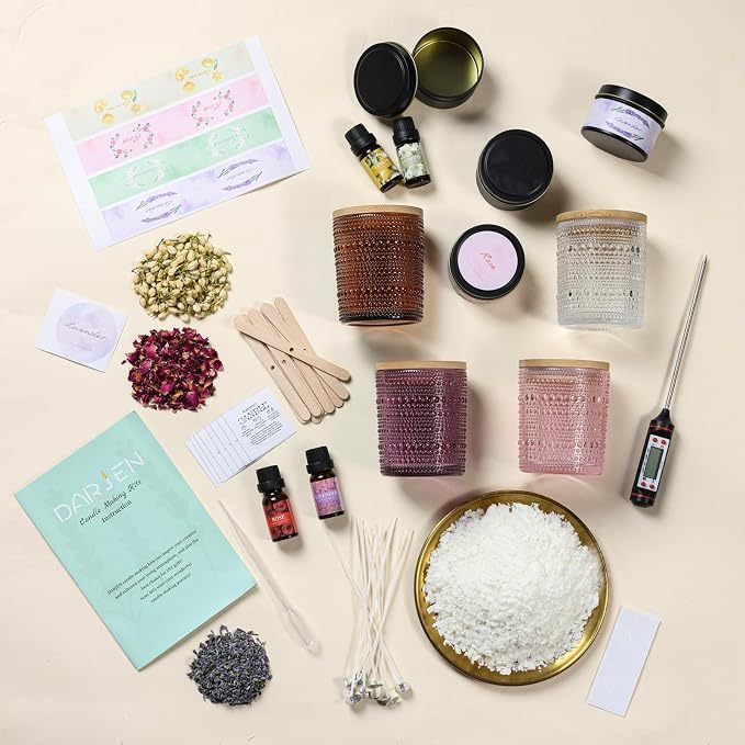 DARJEN Candle Making Kits for Adults- Candle Making Supplies with 4 Candle Jars(Clear, Pink, Purple, Amber), Candle Tins, Soy Wax, Scents, Dried Flower & More, DIY Starter Candle Making Kit Home Decor