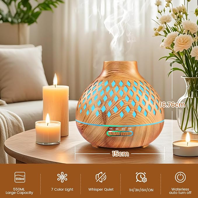 Aeshory Aromatherapy Diffuser & 12 Essential Oils Set, 550ML Aromatherapy Diffuser for Home, Ultrasonic Cool Mist Humidifier with Remote Control 4 Timer 7 Color LED Light, Waterless Auto Off, Light