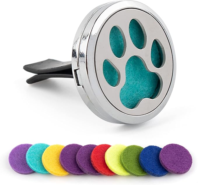 Framendino, 1 Pack Dog Paw Print Essential Car Oil Diffuser Aromatherapy Vent Clip Stainless Steel Air Freshener Lockets for Men Women Gifts Silver