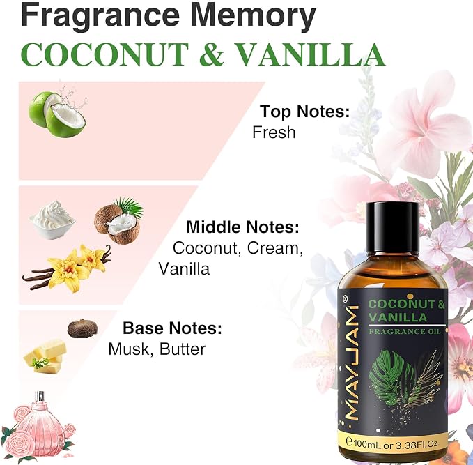 MAYJAM 100ML/3.38FL.OZ Coconut & Vanilla Fragrance Oils with Glass Dropper, Essential Oils for Diffusers for Home, Long Lasting Scented Oils for Diffusers Soap Candle Making