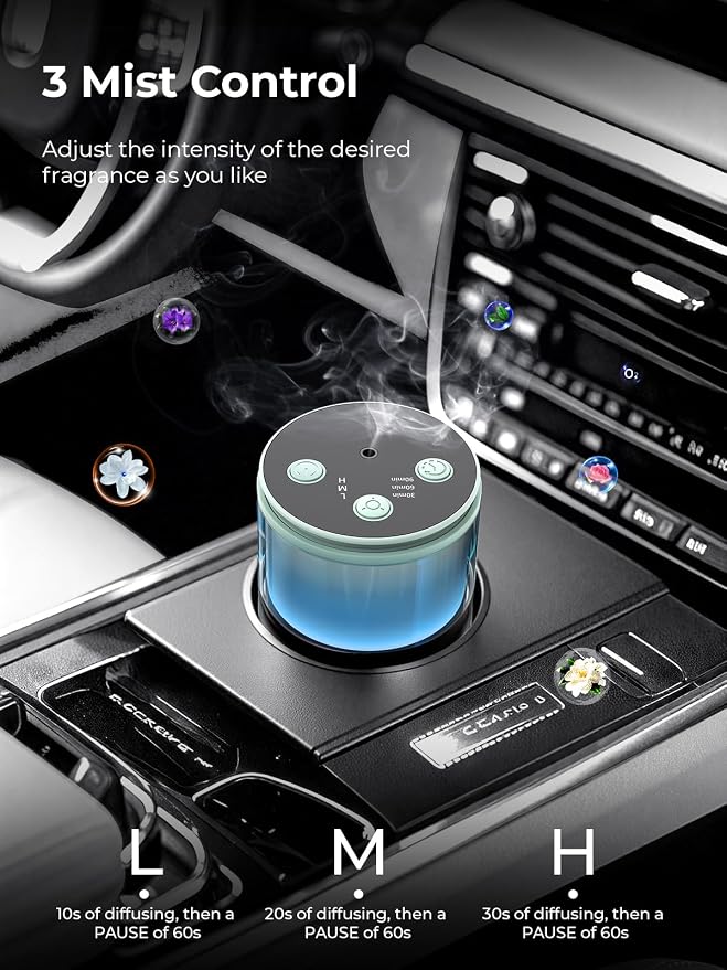 Waterless Essential Oil Diffuser: 𝟗 𝐂𝐨𝐥𝐨𝐫𝐬 𝐋𝐄𝐃 Scent Diffuser for Home&Car&Office - Portable Diffuser with 48H Battery, 4 Timers & 3 Mist Levels, Light Green