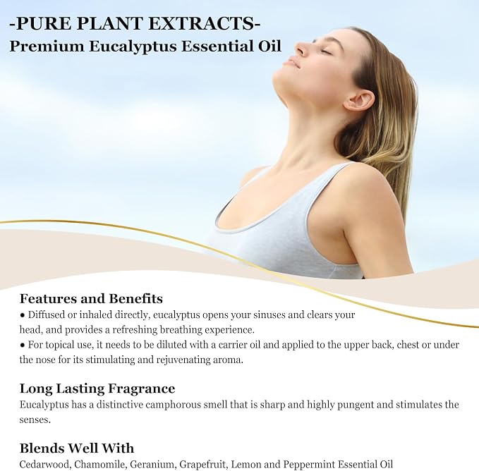 EUQEE Eucalyptus Essential Oil 118ml Pure Eucalyptus Oil with Glass Dropper for Aromatherapy, Diffuser, Soap & Candle Making - 4Fl.Oz