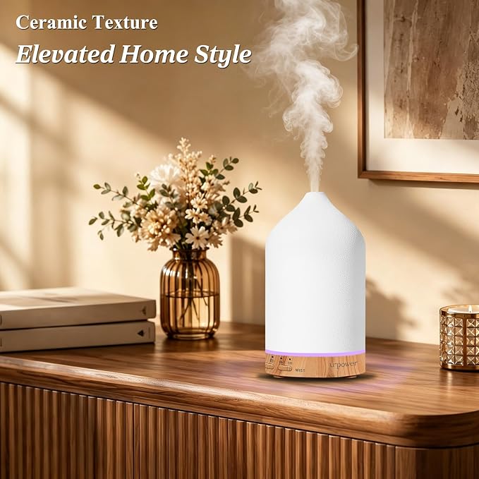 URPOWER 180ML Ceramic Essential Oil Diffuser, Ultrasonic Aromatherapy Diffuser with 7-Color Lights, Auto Shut-Off, Quiet Oil Diffuser for Bedroom, Home Office