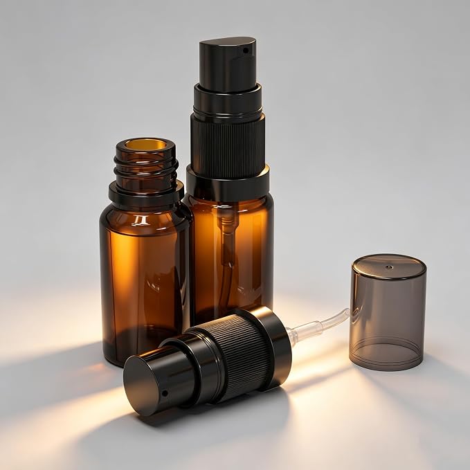 10ml Empty Glass Pump Bottle Dispenser 6 Pack,Amber Travel Refillable Bottles Dispenser For Lotion Cream Essential Oil Shampoo, Small Cosmetic Containers 1/3oz (10ml Amber 6pcs)