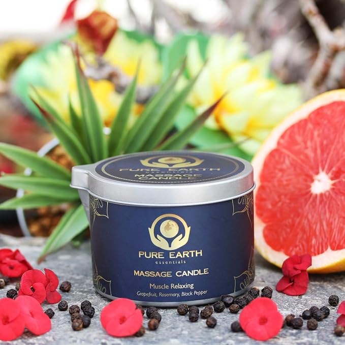 Muscle Relaxing Massage Oil Candle - Scented Massage Oil Candles for Relaxation and Home Spa (160 Grams or 6 oz.) - with Grapefruit, Rosemary, Black Pepper - by PURE EARTH essentials