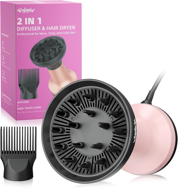 WUFAYHD 2-in-1 Diffuser Hair Dryer for Curly Hair: 1875W Ionic Hair Dryer w/Comb & Diffuser Attachment, Fast Drying, Reduces Frizz, Anti-Heat Handle Blow Dryer with ALCI Plug, Gift for Women Her