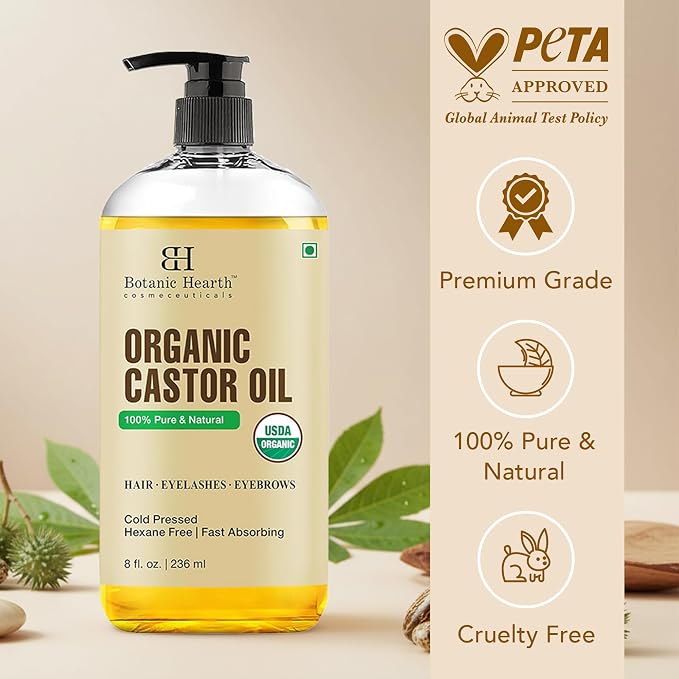 Botanic Hearth 100% Pure & Natural Castor Oil With patches For body (8 fl oz)| Infused with Cold Pressed Castor Oil | Hair Oil Repairs Dry Damaged Hair, Strengthening, Healthier Hair