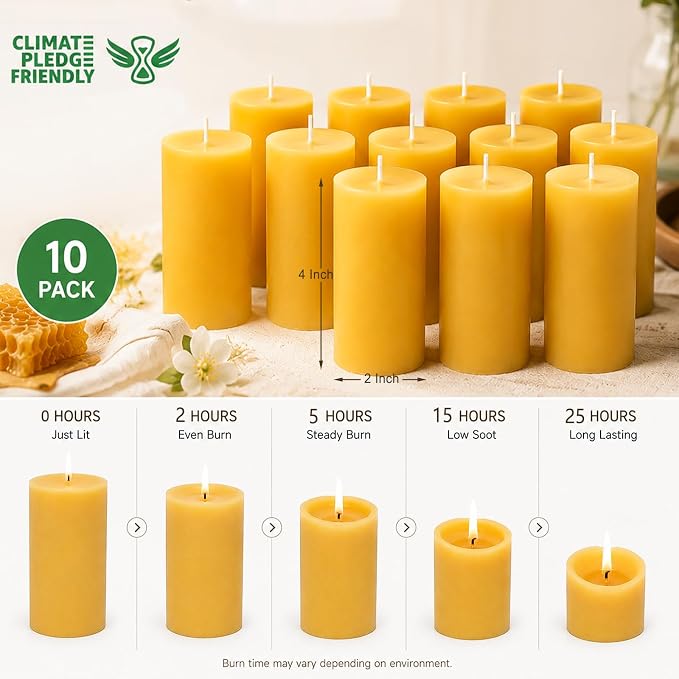 Beeswax Candles Pillar 10 Pack, 2x4 Inch Non Toxic Bees Wax Candle for Home, Long-Lasting Burn Natural Honey Scented Pillar Candle for Air Purification, Emergency, Meditation