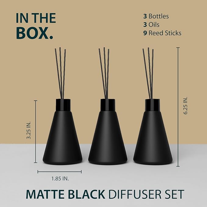 Mega Handles Reed Diffuser Sets (50ml) - 3 Pack White Flower Scent Bathroom Diffuser, Elegant Reed Diffuser for Shelf Decor, Decorative Air Freshener for Large Rooms - Matte Black