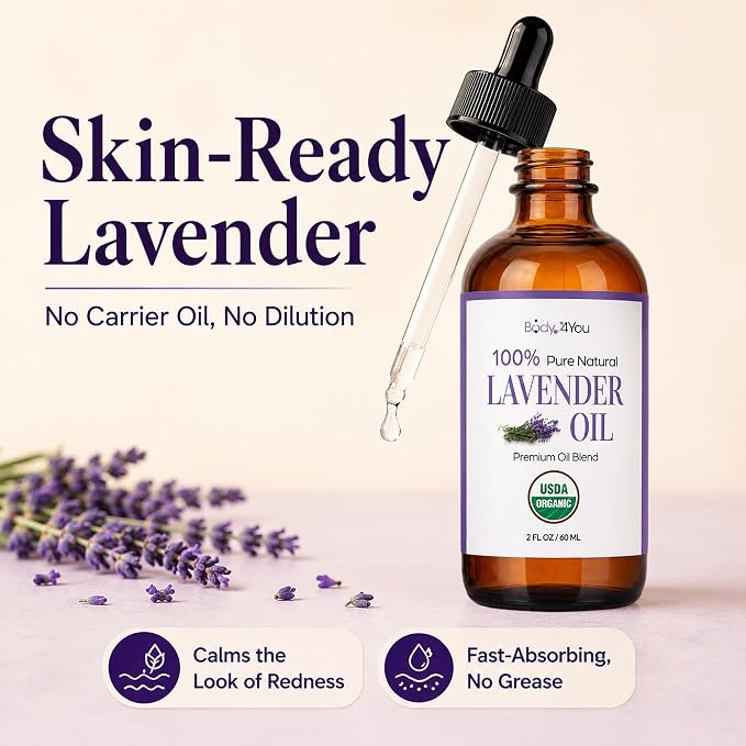 BodyJ4You Lavender Essential Oil Blend - USDA Organic Pre-Diluted MCT Ready to Use - Calming Skin Care for Face Body Sensitive Skin - Vegan Hexane Free Fast Absorbing - Amber Glass Dropper 2 Fl Oz