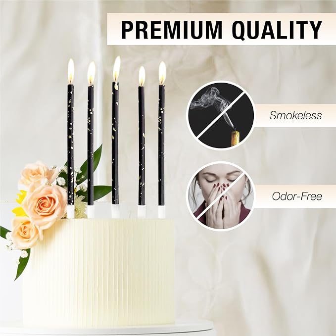 24-Count Black & Gold Birthday Candles, 5.5 Inch Long Thin Cake Candles for Wedding, Celebration, Birthday Party Cake Cupcake Decorations