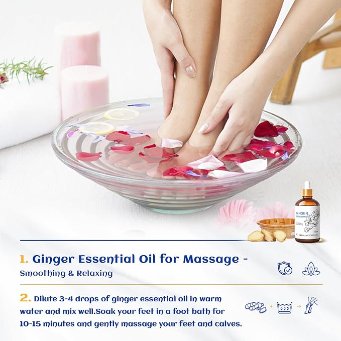 HIQILI Ginger Essential Oil 3.38 Fl Oz, for Massage, Diffuser, Large Bottle with Dropper & Gift Box -100ml