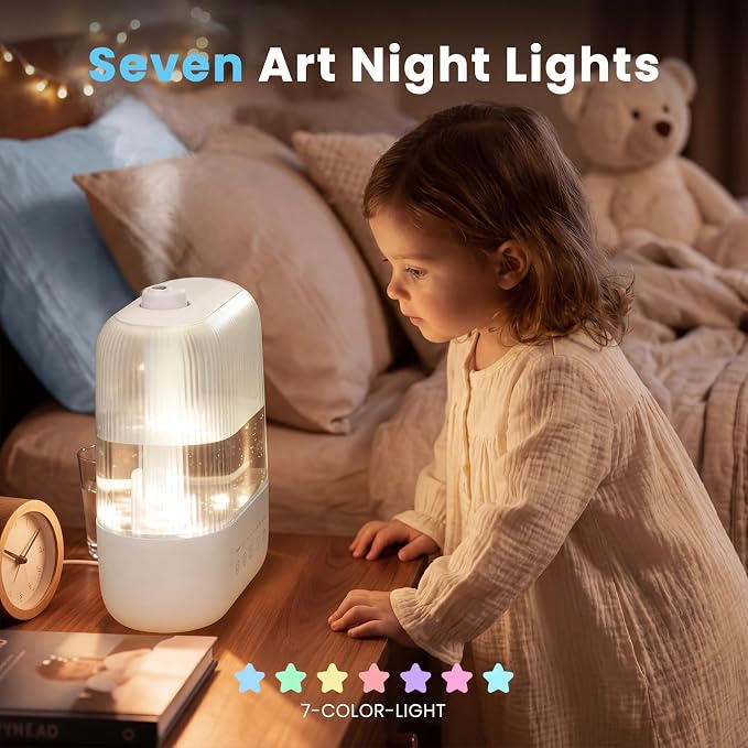 COWSAR Humidifier for Bedroom, 3L Top Fill Cool Mist Humidifier for Large Room, Easy to Fill & Clean, Quiet 22dB, Baby Humidifier, Nightlight, Timer/Sleep Mode, 360° Nozzle, Aromatherapy Tray, White