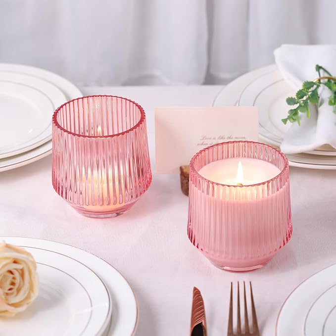 simeitol 13 OZ Pink Large Candle Jars for Making Candles - 6 Pack Glass Candle Jars Bulk with Vertical Striped, Candle Vessels with Bamboo Lids and Candle Wick Kit, for DIY, Home & Mother's Day