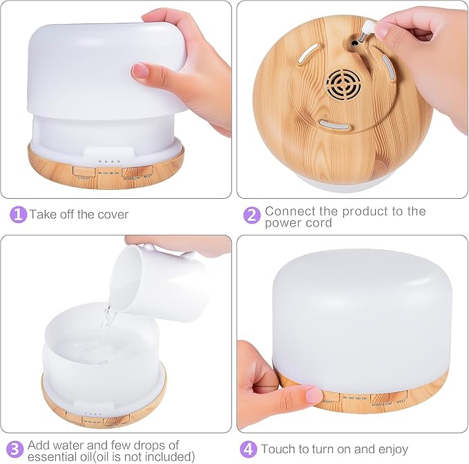 500ml Essential Oil Diffuser with Remote Control, Premium Ultrasonic Aromatherapy Diffusers Scent Humidifier Vaporizer Auto-Off Timer for Large Room Home, Yellow (Light Woodgrain)