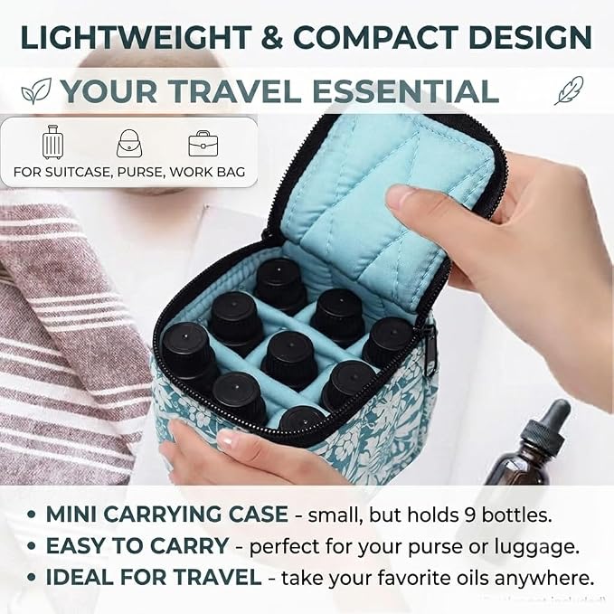 9 Bottles Essential Oil Carrying Case with Thick Foam Protection, Portable and Shockproof Organizer for 5ml to 10ml,15ml Bottles, Nail Polish, Roller Balls and Travel (Aqua Green)