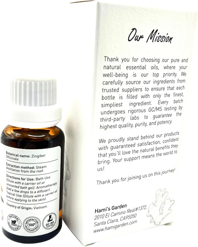 Hami’s Garden Ginger Essential Oil – 100% Pure and Natural – Premium Grade with Glass Dropper – for Massage, Skin Care, DIY Products and Diffuser – 0.68 fl Oz/20 mL
