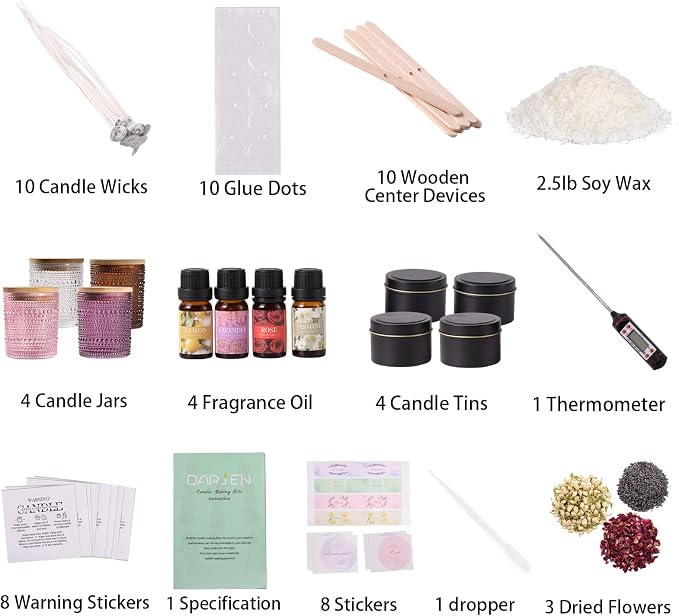 DARJEN Candle Making Kits for Adults- Candle Making Supplies with 4 Candle Jars(Clear, Pink, Purple, Amber), Candle Tins, Soy Wax, Scents, Dried Flower & More, DIY Starter Candle Making Kit Home Decor