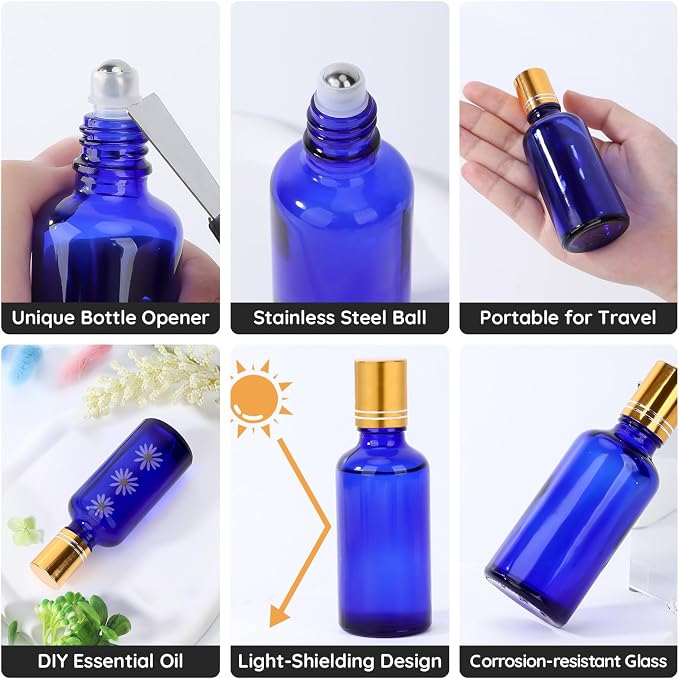Segbeauty 1.7oz Thick Glass Refillable Roller Ball Applicator for Oil, 5pcs Blue Perfume Roller Bottles for Essential Oils, 50ml Empty Roll On Bottle for Eye Essence, Glass Perfume Rollerball Bottles