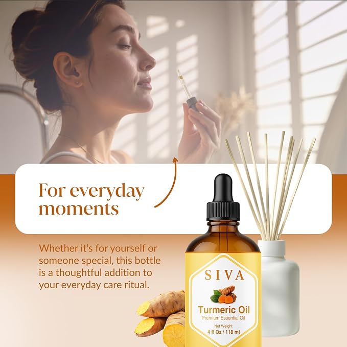 Siva Turmeric Essential Oil 4 Fl Oz – for Diffuser, Skin & Hair Care – Ideal for Aromatherapy, Massage & DIY Blends- with Dropper