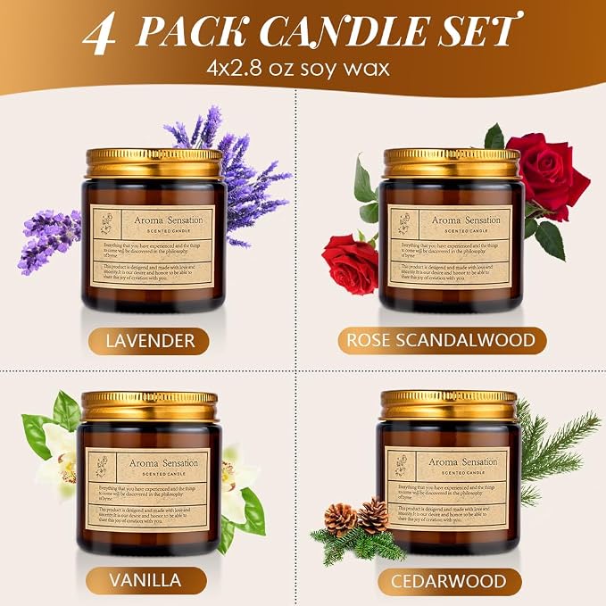 4 Pack Candles for Home Scented,Amber Jar Aromatherapy Candle Gifts for Women,Scented Candles Set for Mother's Day Christmas Valentine Thanksgiving Brithday Gifts,Soy Wax Candle Set for Stress Relief