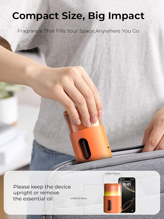 Waterless Essential Oil Diffuser: 𝟗 𝐂𝐨𝐥𝐨𝐫𝐬 𝐋𝐄𝐃 Scent Diffuser for Home&Car&Office - Portable Diffuser with 48H Battery, 4 Timers & 3 Mist Levels, Bright Orange