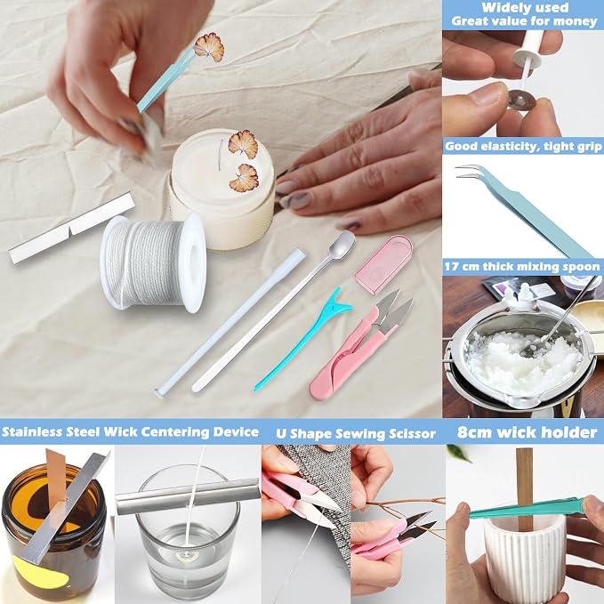 155PCS Adjustable Candle Hole Drill Needle with Candle Wick Roll 200 Ft,Candle Making Kits to Insert Wick in Silicone Molds,Mold Hook & Eye Punch Needle,Big Hole Long Needle,Stickers,Center Holder